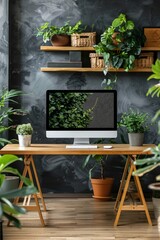 Modern Home Office with Wooden Desk and Computer Surrounded by Green Plants and Stylish Shelves