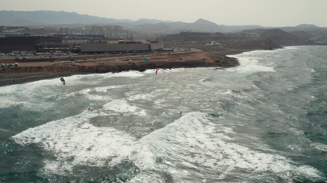 Fantastic aerial images of Kitesurfers on La Restinga beach on a sunny day. Telde, Gran Canaria.