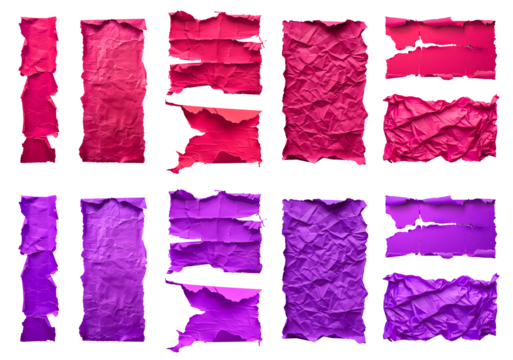 Collection set of magenta purple pink crushed wrinkle scrunch torn strips pieces paper, old tear crumple rip edges on transparent cutout, PNG. Many different design. Mockup template artwork graphic
