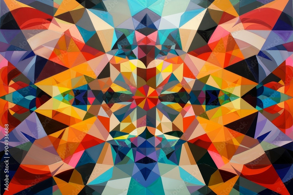 Poster triangles creating a vibrant and abstract geometric pattern, geometric patterns merging into a kalei