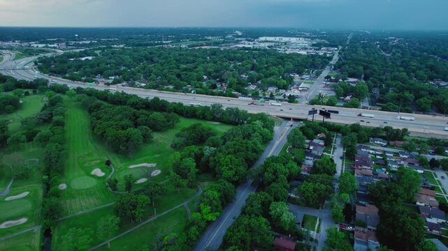 Aerial View of Interstate 80 Slicing Through Hazel Crest's Suburban community. South Chicago Illinois USA
