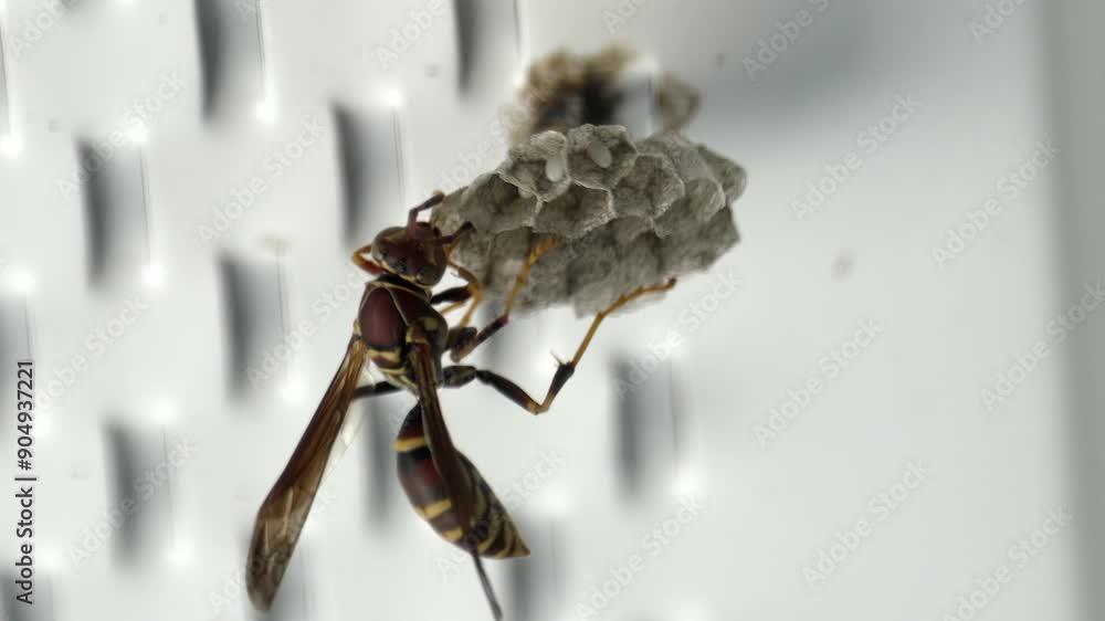 Aufkleber detailed closeup of wasp sticking head into hexagonal cell as it builds nest