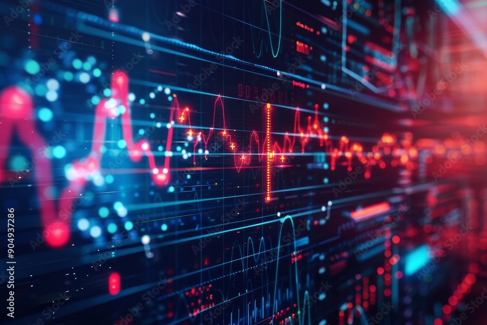 Poster a computer screen with financial data displayed in a blurry, abstract manner, geometric patterns res