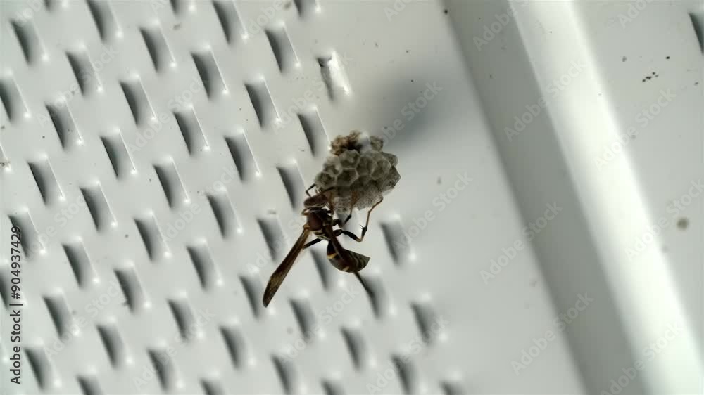 Poster rearview of wasp with large extended wings grasping onto beginning portion of new nest