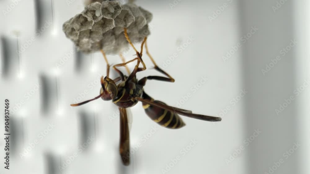 Poster macro closeup of wasp building nest with paper pulp fibers in hexagonal shapes sticking head into po