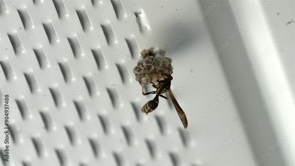 Poster wasp extends legs with wings counter balancing as it crawls and builds nest home