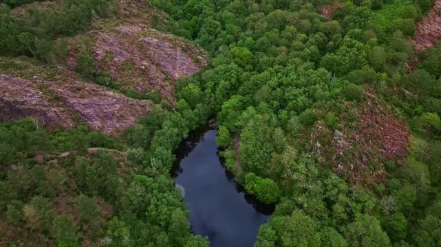 Val Sans Retour, Paimpont, Broceliande forest, Brittany in France. Aerial top-down view