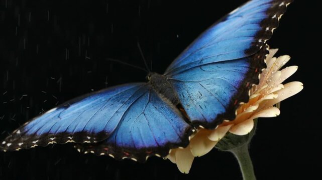 Slow motion beautiful blue silk morpho butterfly opening wings on daisy flower