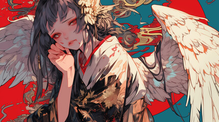 Fototapeta premium Japanese anime style illustration of a beautiful wounded fallen angel.
