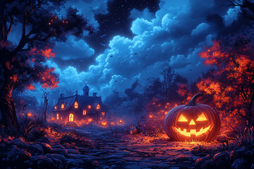 Naklejka premium Haunted Halloween night in the village with houses, pumpkins and lanterns