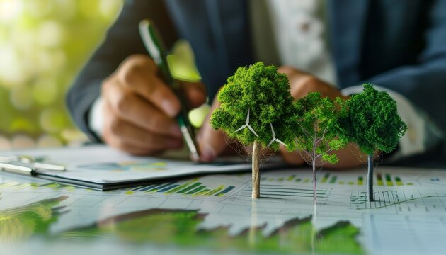 Businessman planning environmental protection, esg display on eco friendly company chart
