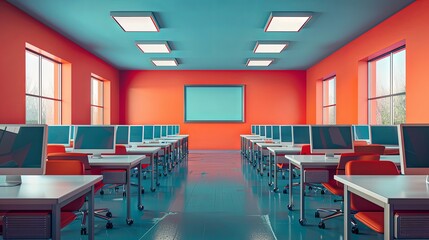 Classroom with rows of computers and a smartboard 