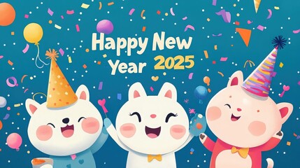 Fototapeta premium Happy New Year 2025 Celebration with Cute Characters
