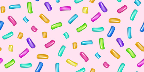 Sprinkle realistic with grains of desserts. Seamless pattern bright colorful sprinkles grainy isolated on pink. Design for holiday designs, party, birthday, invitation. Vector 3d sweet confetti