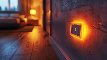 Fototapeta premium Illuminated Wall Switch in Cozy Bedroom During Soft Evening Light