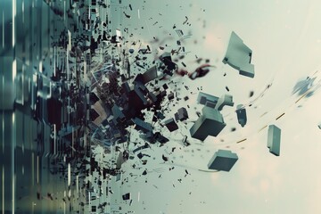 Geometric shapes breaking apart in a glitchy cascade in a scene from a movie, Geometric shapes breaking apart in a glitchy cascade