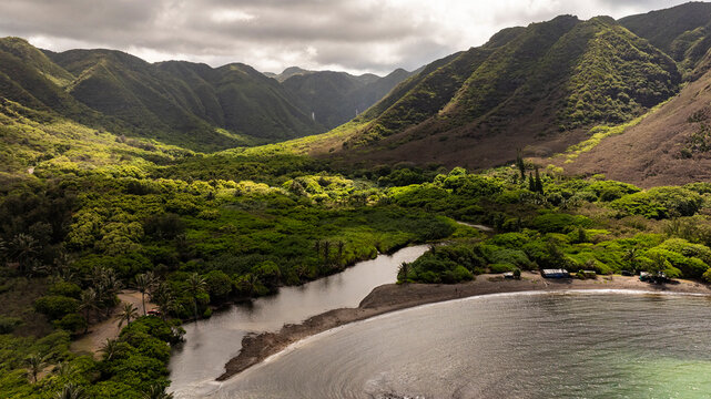 Aeriel view of Halawa Valley on Molokai