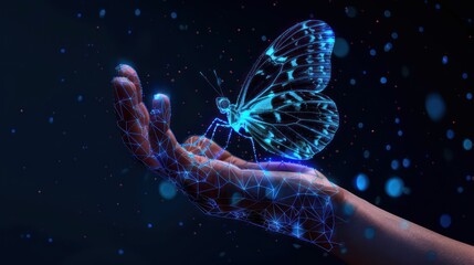 Blue Digital Butterfly effect on the businessman with glowing particles light