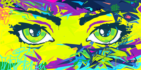 Modern Abstract Urban Futuristic Street Art Graffiti Style Background With Big Eyes Illustration