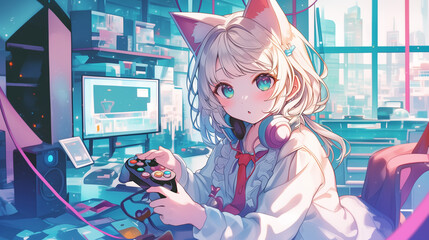 Adorable anime girl seriously engaged in a game.