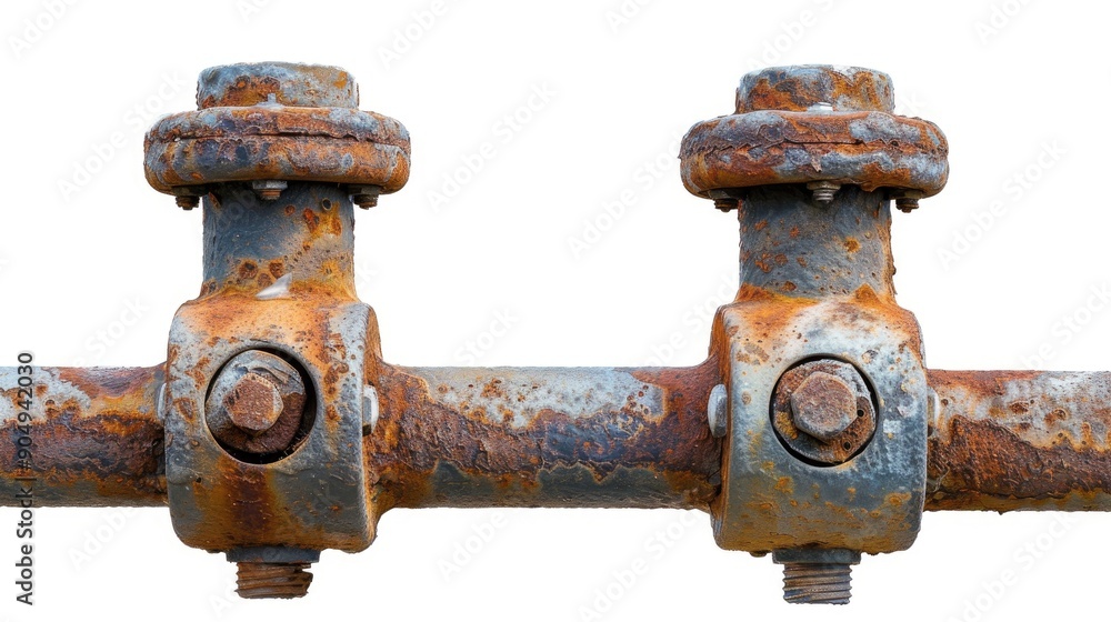 Poster fastening device for secure attachment of rusty bridge railing on white background