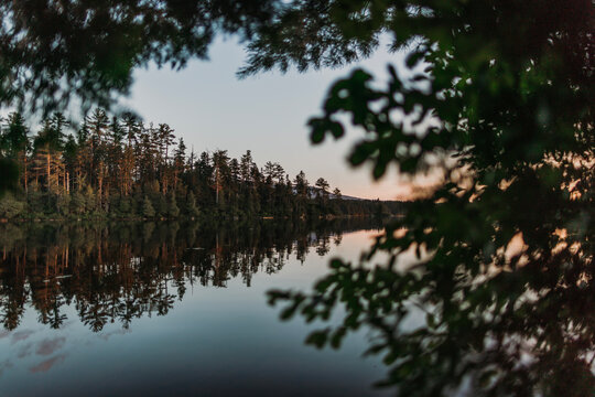 Peaceful sunset over Long Pond in Maine's 100 mile wilderness