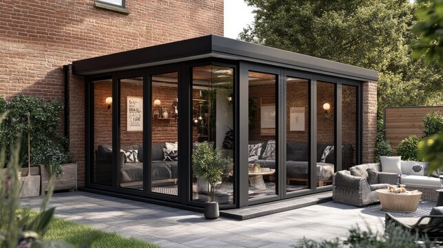 Contemporary sunroom or conservatory in the garden with a paved patio