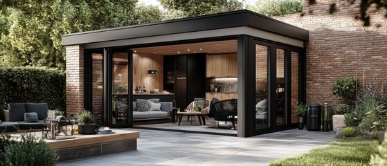 Obraz premium Contemporary sunroom or conservatory in the garden with a paved patio