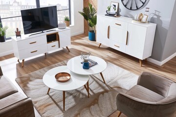 Fototapeta premium Scandinavian inspired white and oak gloss living room set with tv unit, coffee table, and sideboard