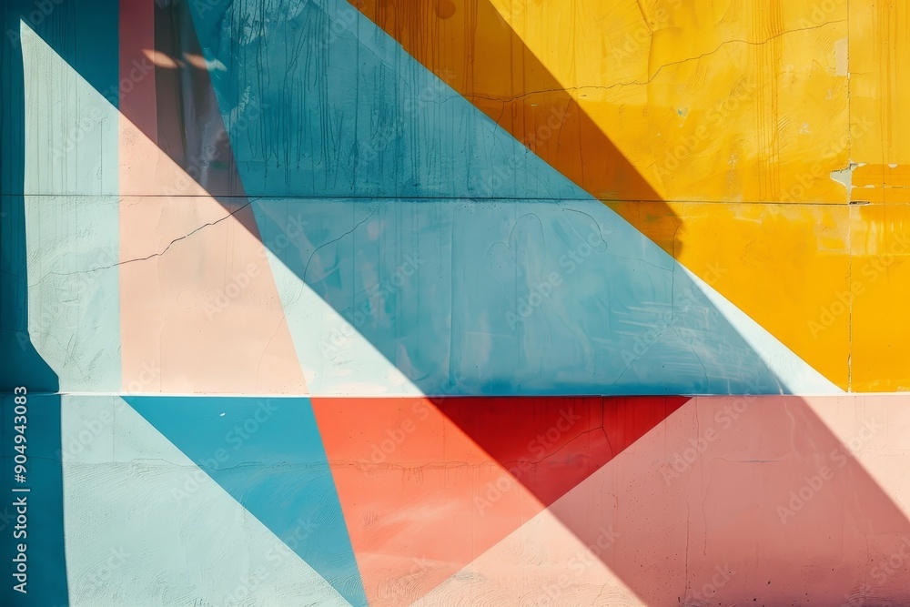 Poster a colorful wall featuring an array of triangles painted in harmonious hues, geometric shapes in a ha