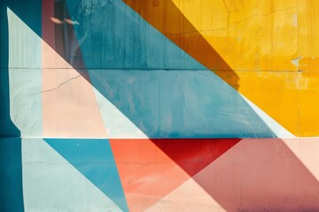 Obraz premium A colorful wall featuring an array of triangles painted in harmonious hues, Geometric shapes in a harmonious color palette