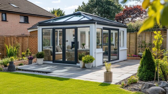 Contemporary sunroom or conservatory in the garden with a paved patio