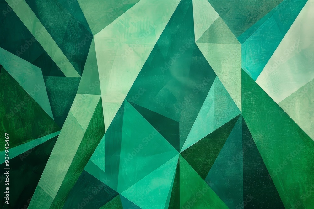 Wall mural various emerald, jade, and mint triangles creating a dynamic geometric pattern on a green abstract b