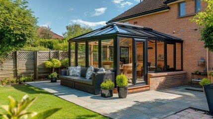 Contemporary sunroom or conservatory in the garden with a paved patio