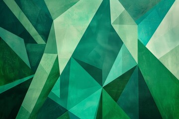 Various emerald, jade, and mint triangles creating a dynamic geometric pattern on a green abstract background, Geometric shapes in shades of emerald, jade, and mint on a solid green background