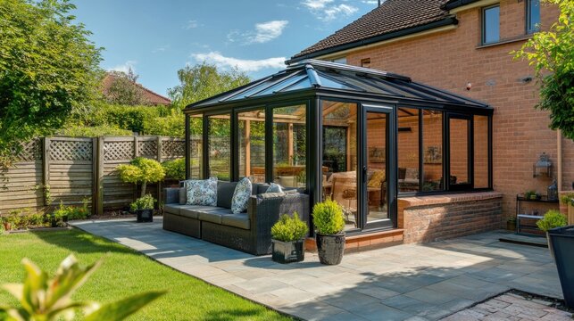 Contemporary sunroom or conservatory in the garden with a paved patio