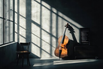 A cello is sitting in a room with a chair and a window