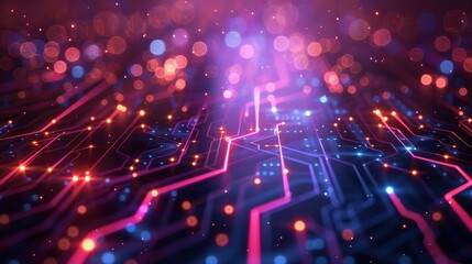 Fototapeta premium Abstract Futuristic Circuit Board with Glowing Lights and Bokeh Effect in Vibrant Colors
