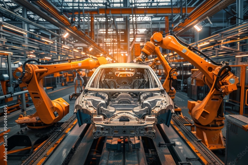 Poster robotic car assembly line from bare frame to painted vehicle in factory setting