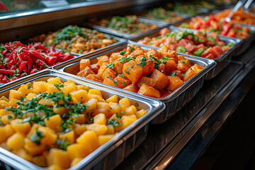 Obraz premium Buffet of food with a variety of dishes including vegetables and fruits