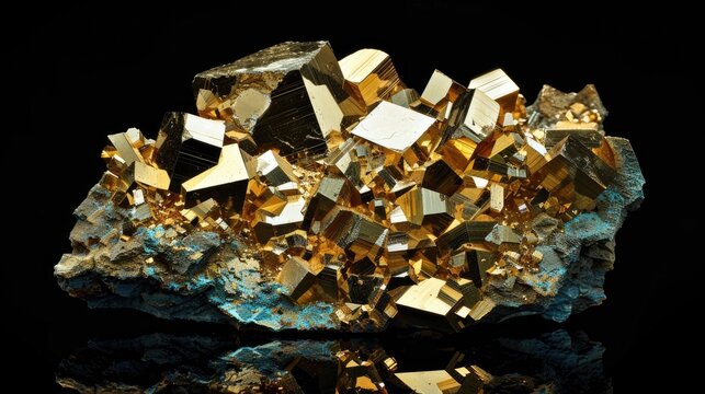 Chalcopyrite mineral with tetragonal structure on black background