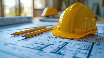 Architectural Blueprint with Yellow Hard Hat and Pencils on Construction Plans in Sunlit Office