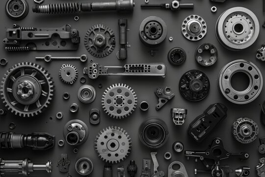 Monochrome car parts on grey background in adobe stock style, high resolution detailed real photo