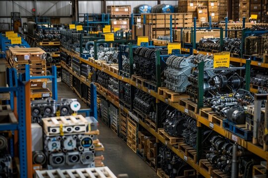 Array of car engines and parts displayed in warehouse with colorful  elden paris  theme