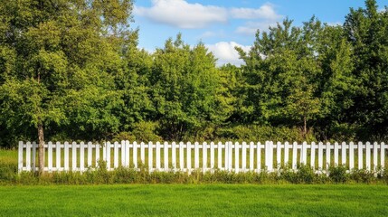 White wooden fence in the backyard and lawn