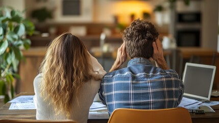 Back view of a couple stressed over financial problems with bills and debt on a table in the kitchen