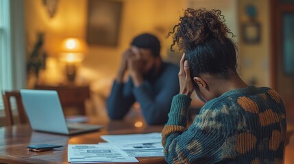Worried couple facing debt issues at home surrounded by unpaid bills and financial documents