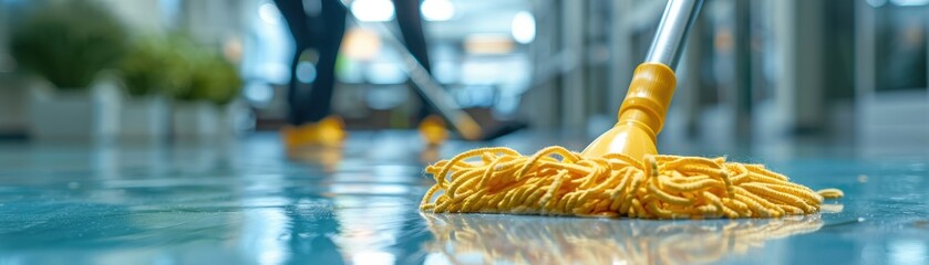 Close-up of Yellow Mop Cleaning Wet Floor in Modern Office Building with Blurred Background