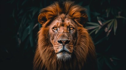 Fototapeta premium Close-up portrait of a fierce and powerful lion with an intense expression.