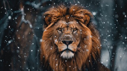 Majestic lion standing in snowfall with intense gaze